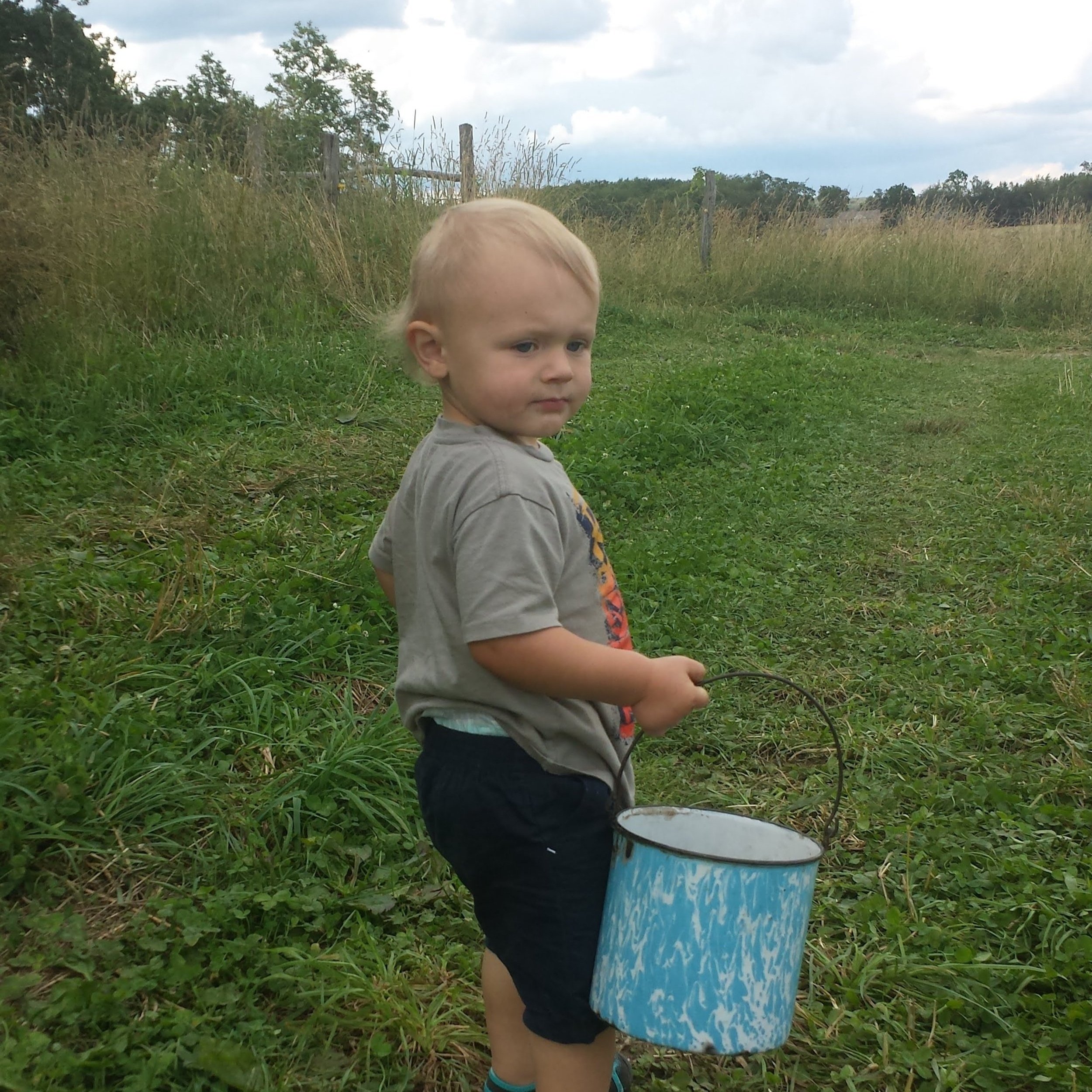 Leaning+Pine+Farm+Maryland+-+20170626_175806 Toddler holding a blue bucket while standing in a grassy field, with trees and a cloudy sky in the background.
