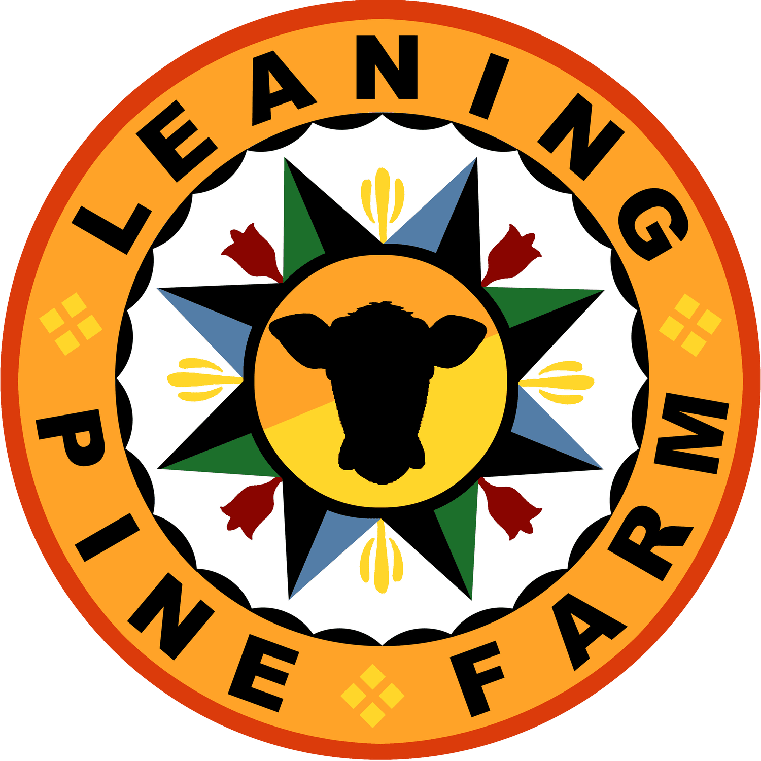 Logo Logo of Leaning Pine Farm featuring a central silhouette of a cow surrounded by a colorful star design with floral elements, representing a vibrant agricultural brand.